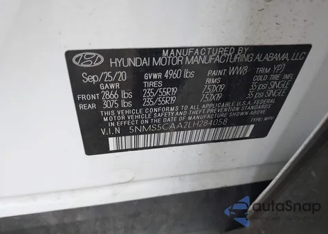 2020 Hyundai Santa Fe Limited 2.0T из США, поврежденный, VIN 5NMS5CAA2LH284058